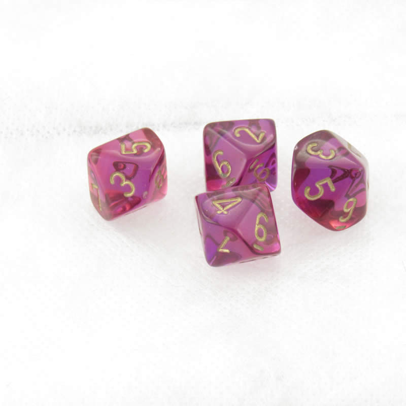 WCXPG1067E4 Red and Violet Translucent Gemini Dice Gold Numbers D10 Aprox 16mm (5/8in) Pack of 4