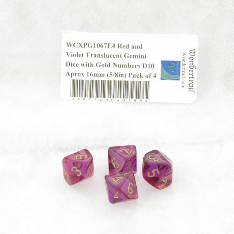 WCXPG1067E4 Red and Violet Translucent Gemini Dice Gold Numbers D10 Aprox 16mm (5/8in) Pack of 4