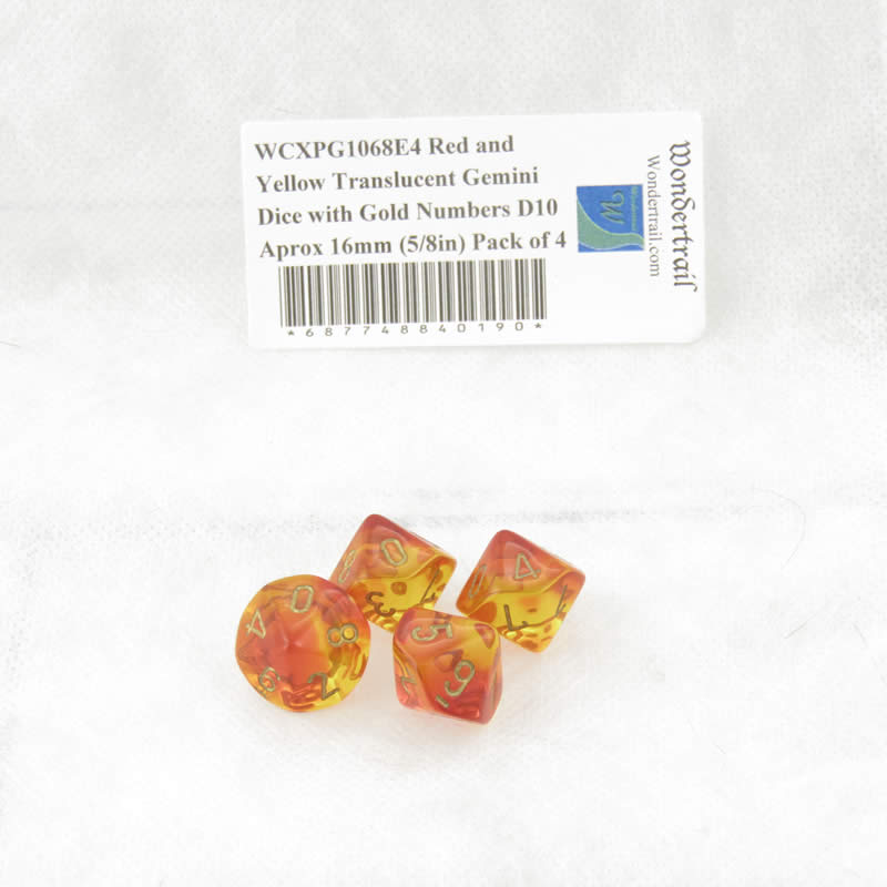 WCXPG1068E4 Red and Yellow Translucent Gemini Dice Gold Numbers D10 Aprox 16mm (5/8in) Pack of 4