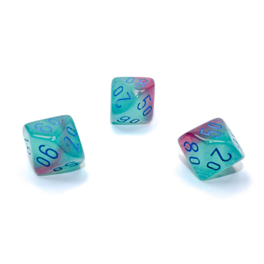 WCXPG1164E4 Green and Pink Gemini Luminary Dice with Blue Numbers Perc D10 Aprox 16mm (5/8in) Pack of 4