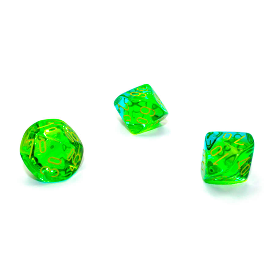 WCXPG1166E4 Green and Teal Translucent Gemini Dice with Yellow Numbers Perc D10 Aprox 16mm (5/8in) Pack of 4