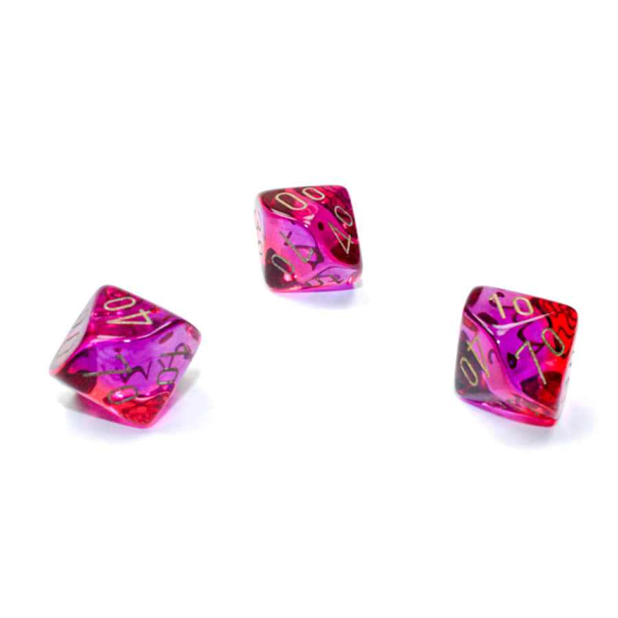 WCXPG1167E4 Red and Violet Translucent Gemini Dice with Gold Numbers Perc D10 Aprox 16mm (5/8in) Pack of 4