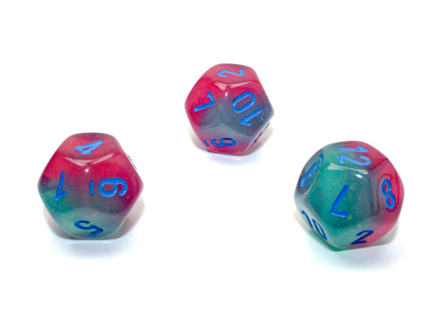 WCXPG1264E4 Gel Green and Pink Gemini Luminary Dice with Blue Numbers D12 Aprox 16mm (5/8in) Pack of 4