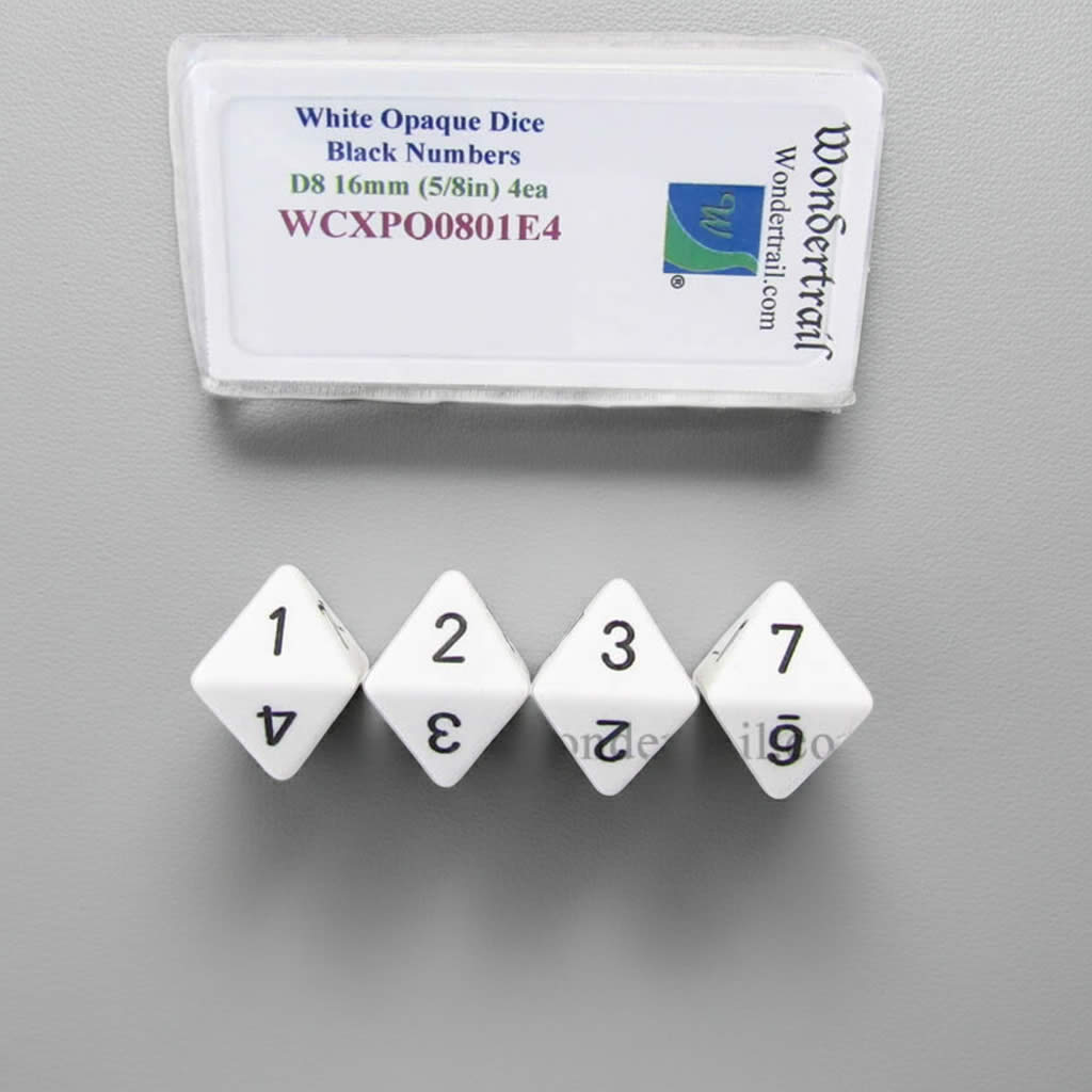 WCXPQ0801E4 White Opaque Dice with Black Numbers D8 Aprox 16mm (5/8in) Pack of 4 Dice Wondertrail
