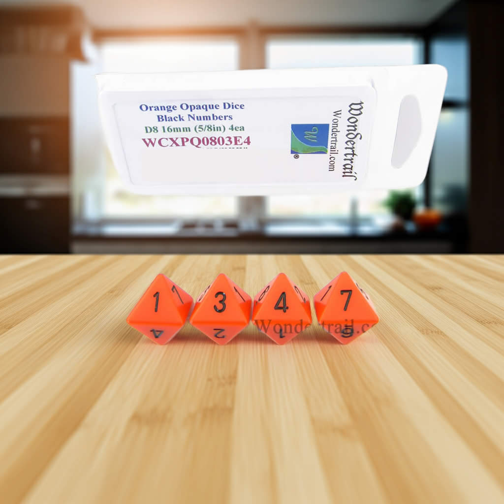 WCXPQ0803E4 Orange Opaque Dice with Black Numbers D8 Aprox 16mm (5/8in) Pack of 4 Dice