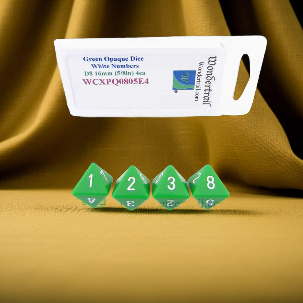 WCXPQ0805E4 Green Opaque Dice with White Numbers D8 Aprox 16mm (5/8in) Pack of 4 Dice