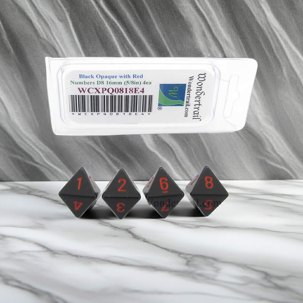 WCXPQ0818E4 Black Opaque Dice with Red Numbers D8 Aprox 16mm (5/8in) Pack of 4 Dice