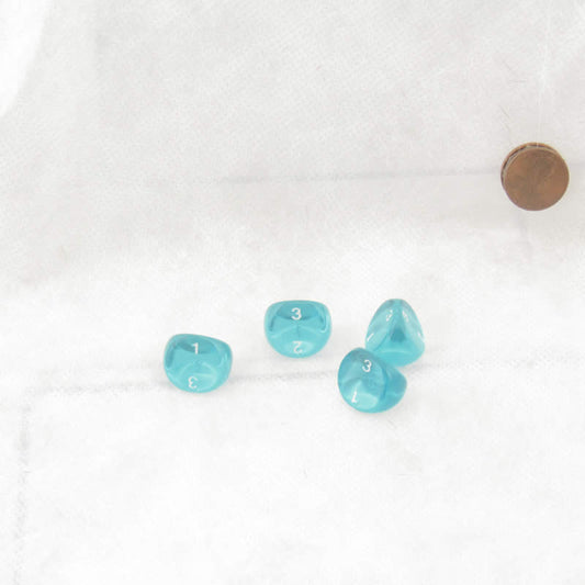 WCXPT0315E4 Teal Translucent Dice with White Numbers D3 Aprox 15mm (19/32in) Pack of 4