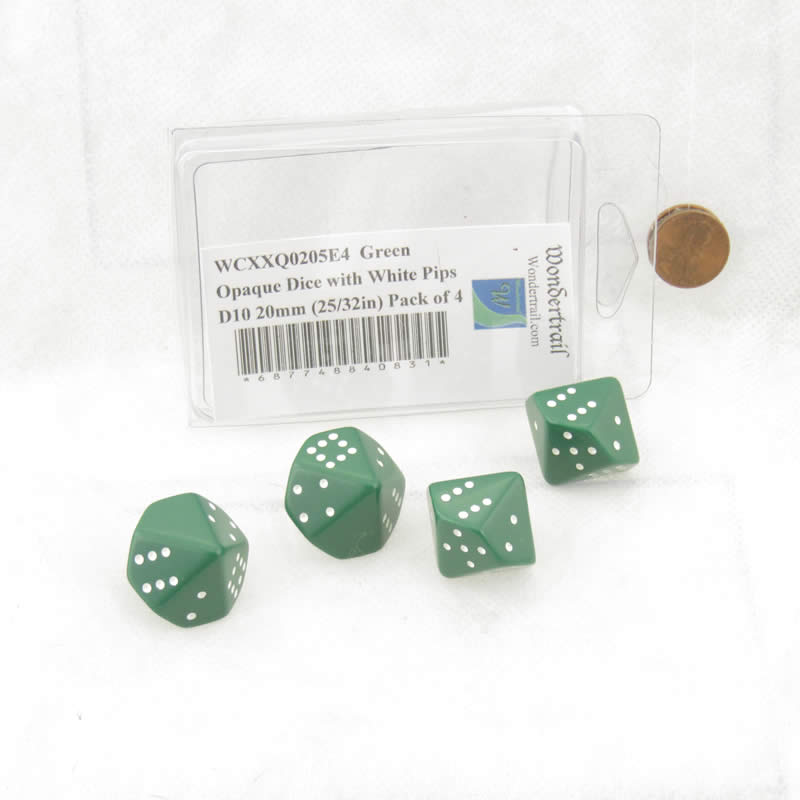 WCXXQ0205E4 Green Opaque Dice with White Pips D10 20mm (25/32in) Pack of 4