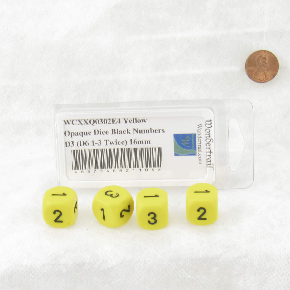 WCXXQ0302E4 Yellow Opaque Dice Black Numbers D3 (D6 1-3 Twice) 16mm