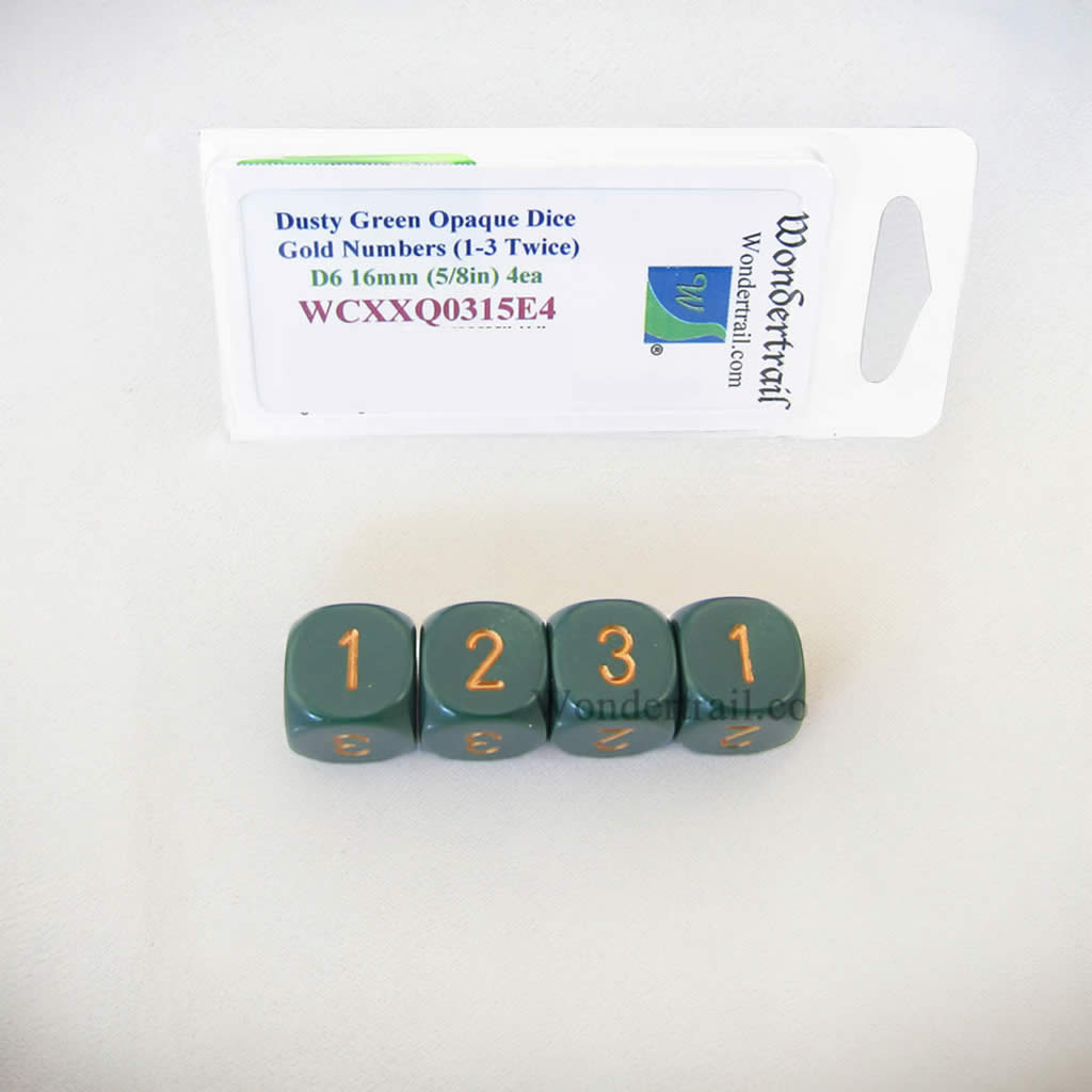 WCXXQ0315E4 Dusty Green Opaque Dice Gold Numbers D3 (D6 1-3 Twice) 16mm Pack of 4