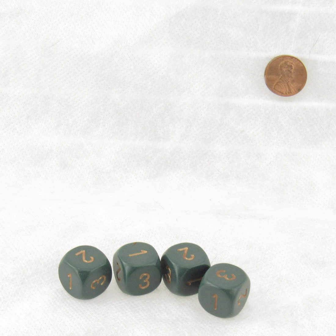 WCXXQ0315E4 Dusty Green Opaque Dice Gold Numbers D3 (D6 1-3 Twice) 16mm Pack of 4