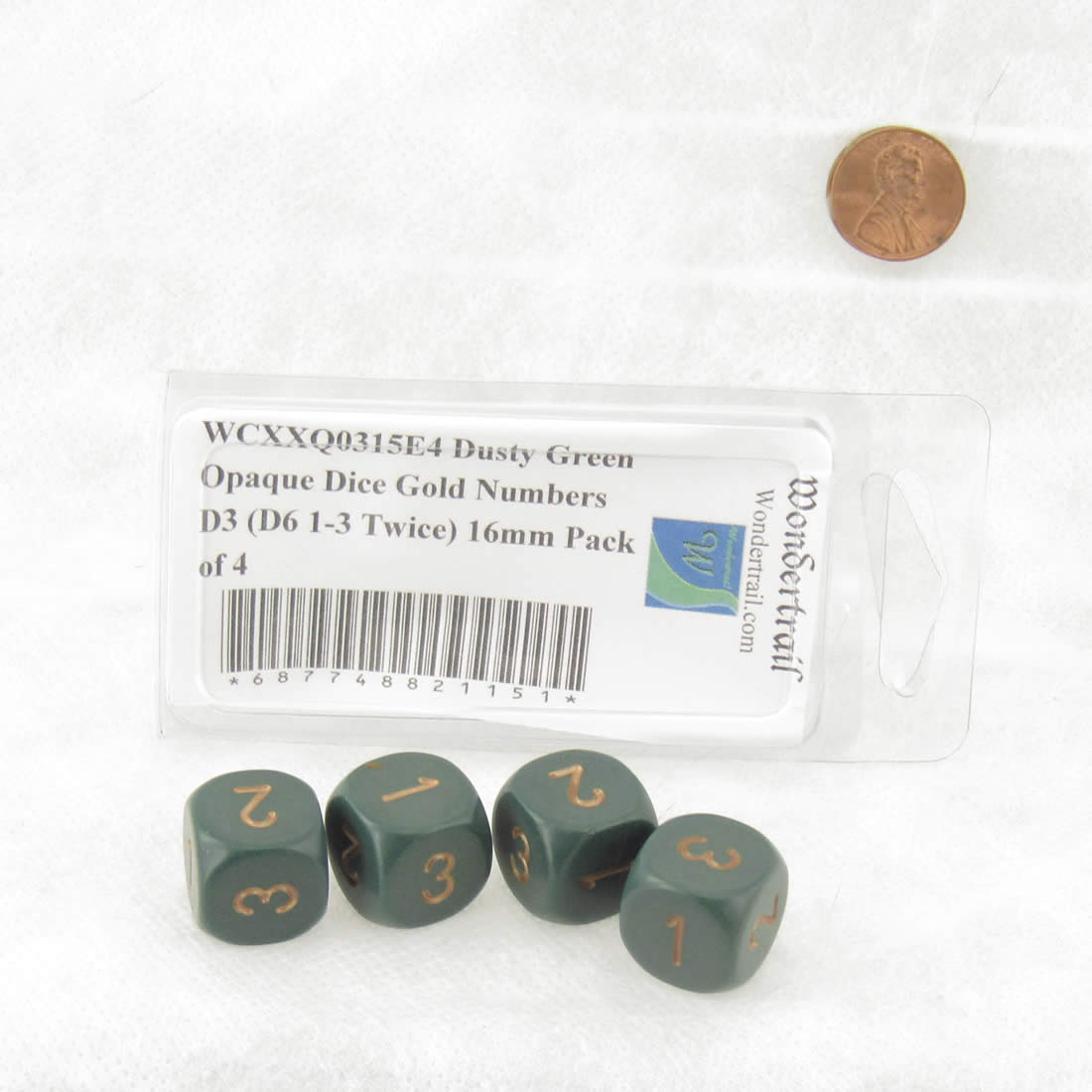 WCXXQ0315E4 Dusty Green Opaque Dice Gold Numbers D3 (D6 1-3 Twice) 16mm Pack of 4