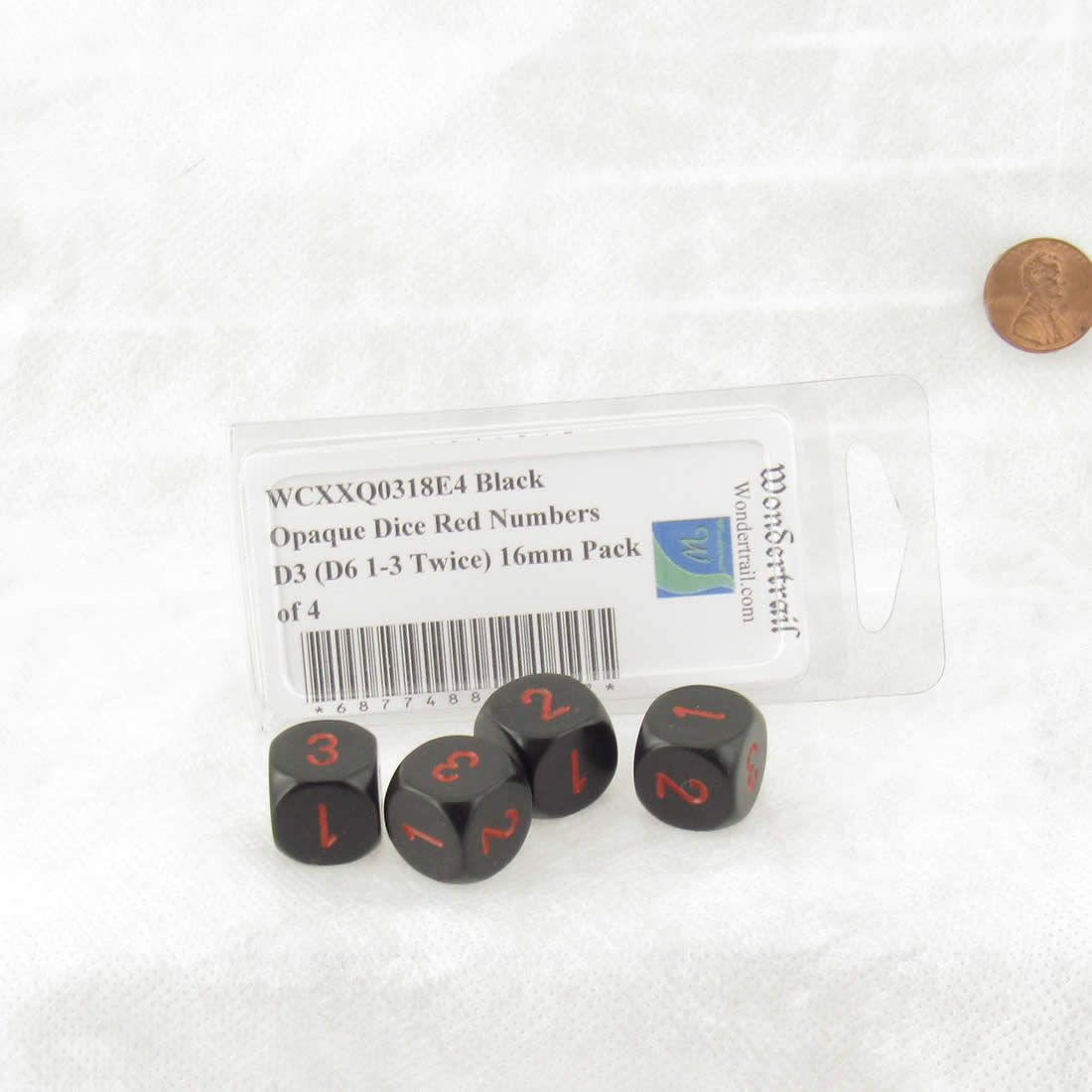 WCXXQ0318E4 Black Opaque Dice Red Numbers D3 (D6 1-3 Twice) 16mm Pack of 4