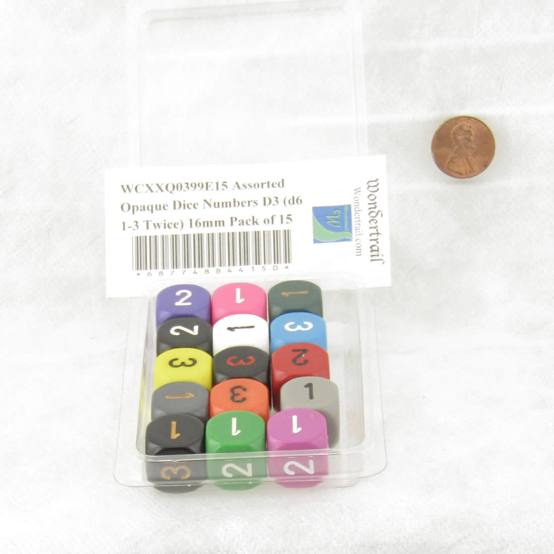 WCXXQ0399E15 Assorted Opaque Dice Numbers D3 (d6 1-3 Twice) 16mm Pack of 15