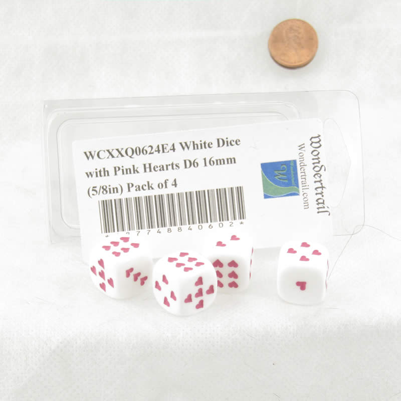 WCXXQ0624E4 White Dice with Pink Hearts D6 16mm (5/8in) Pack of 4