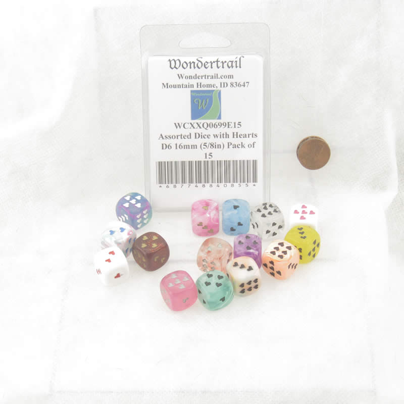 WCXXQ0699E15 Assorted Dice with Hearts D6 16mm (5/8in) Pack of 15