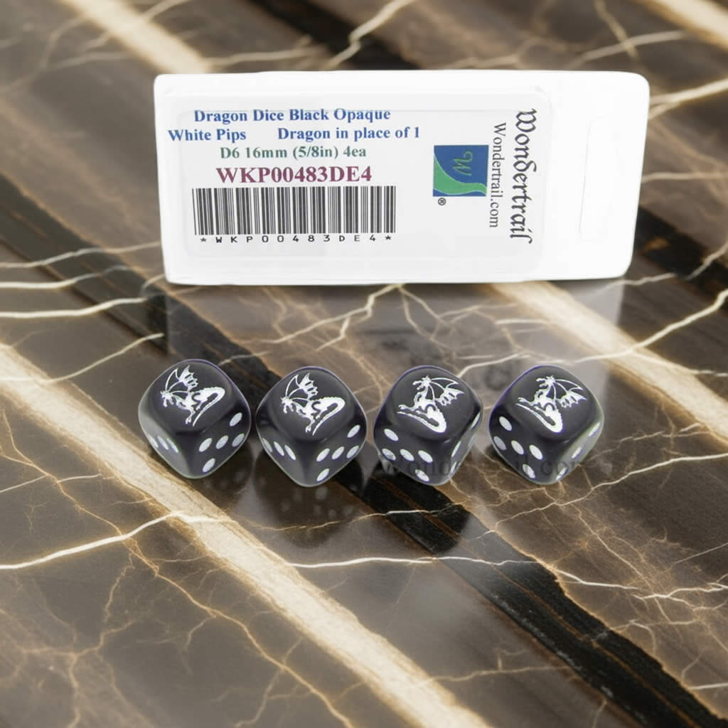 WKP00483DE4 Dragon Dice Black Opaque with White Pips D6 16mm (5/8in) Set of 4 Dice