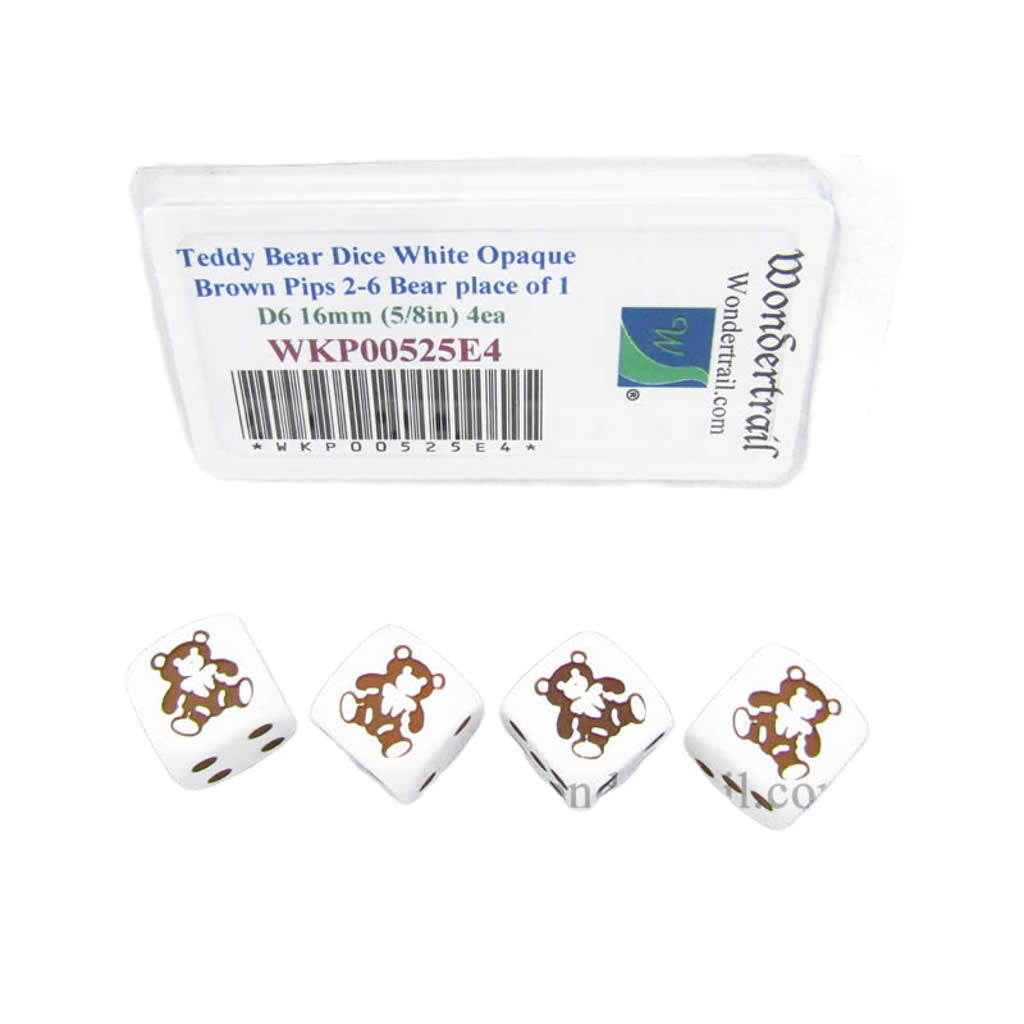 WKP00525E4 Teddy Bear Dice White Opaque Brown Pips D6 16mm Set of 4