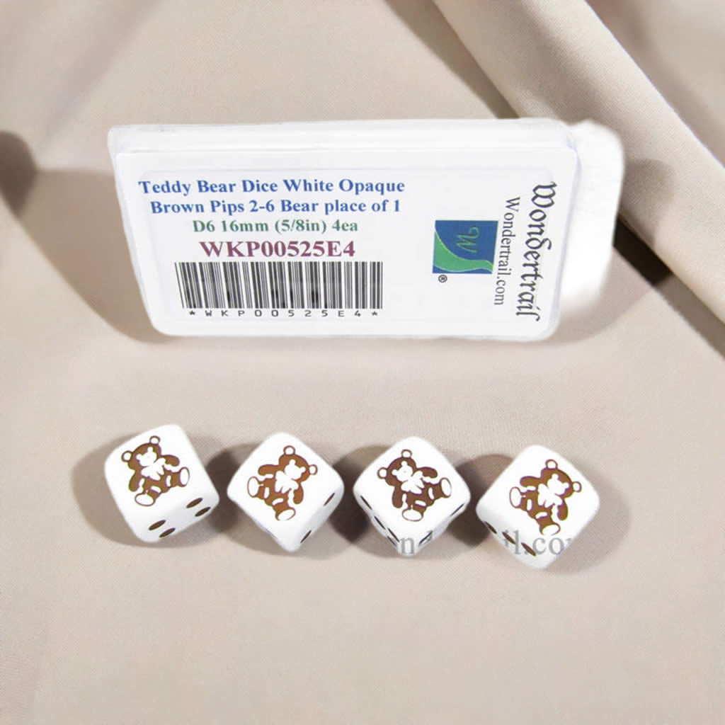 WKP00525E4 Teddy Bear Dice White Opaque Brown Pips D6 16mm Set of 4