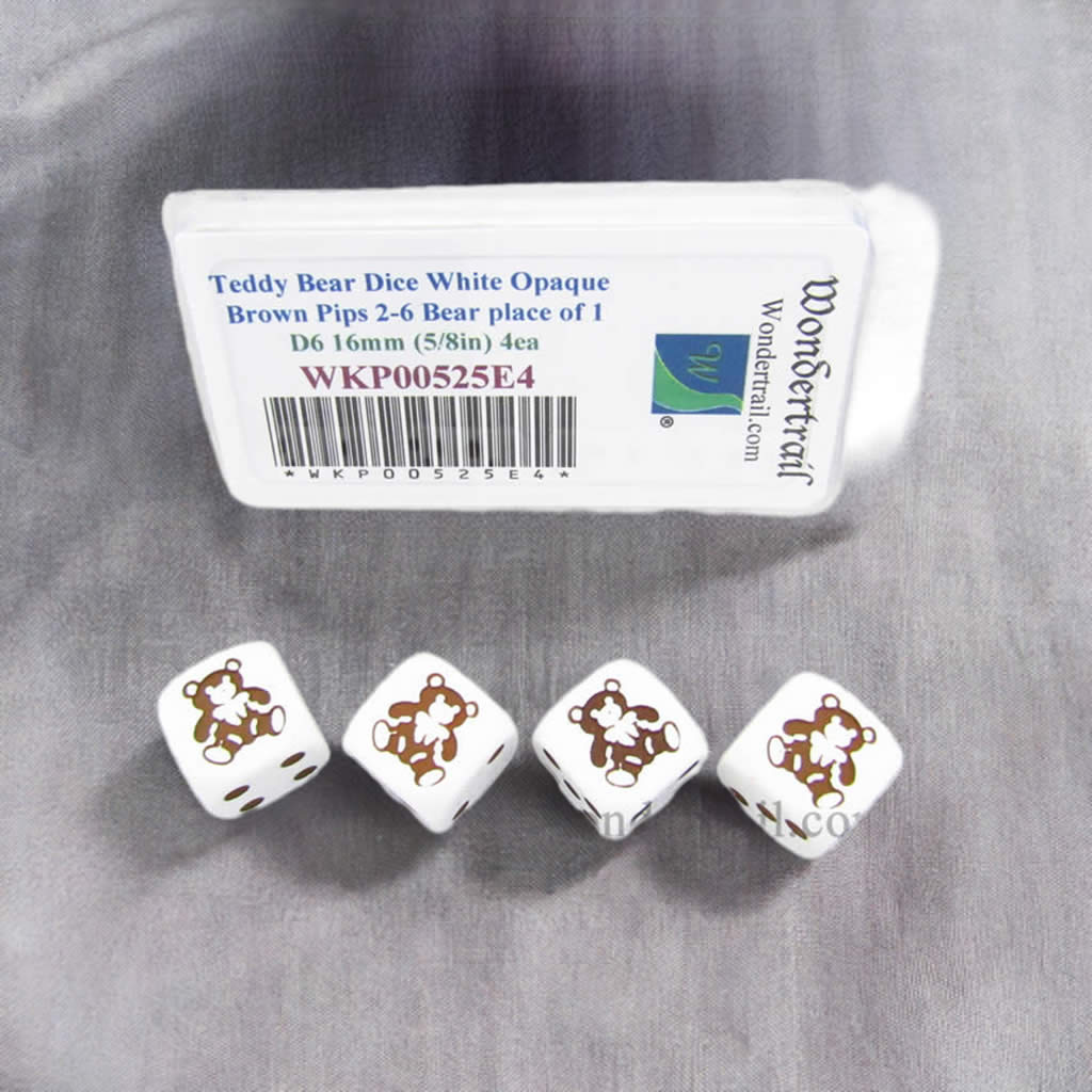 WKP00525E4 Teddy Bear Dice White Opaque Brown Pips D6 16mm Set of 4