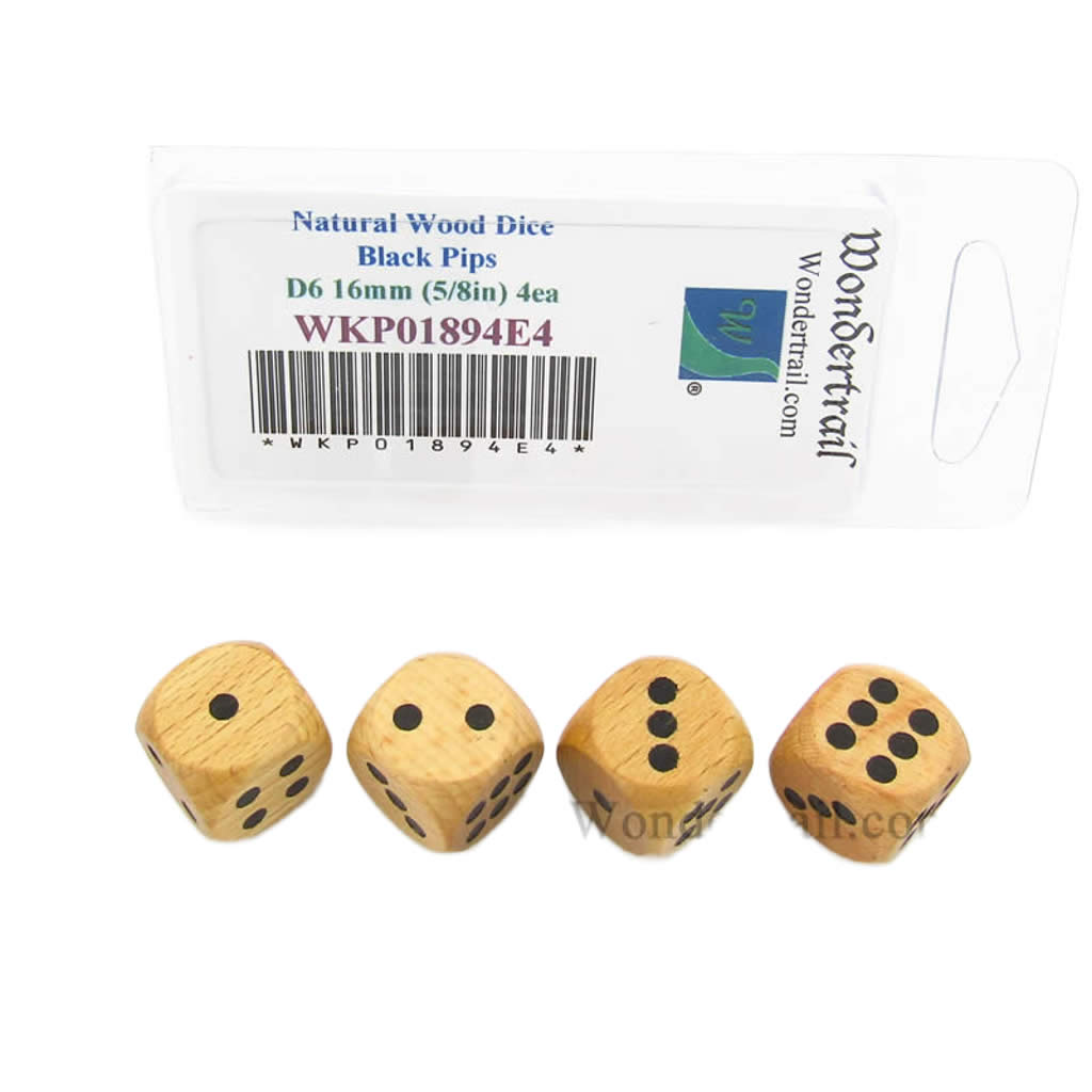 WKP01894E4 Natural Wood Dice with Black Pips D6 16mm (5/8in) Pack of 4