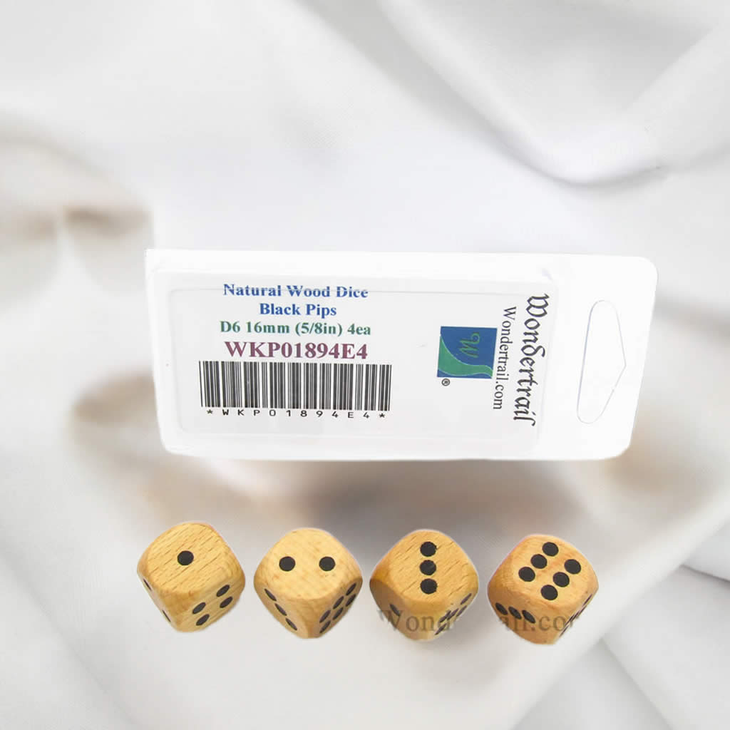 WKP01894E4 Natural Wood Dice with Black Pips D6 16mm (5/8in) Pack of 4