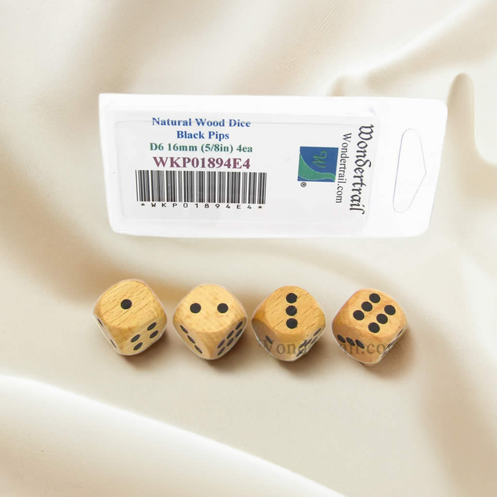 WKP01894E4 Natural Wood Dice with Black Pips D6 16mm (5/8in) Pack of 4