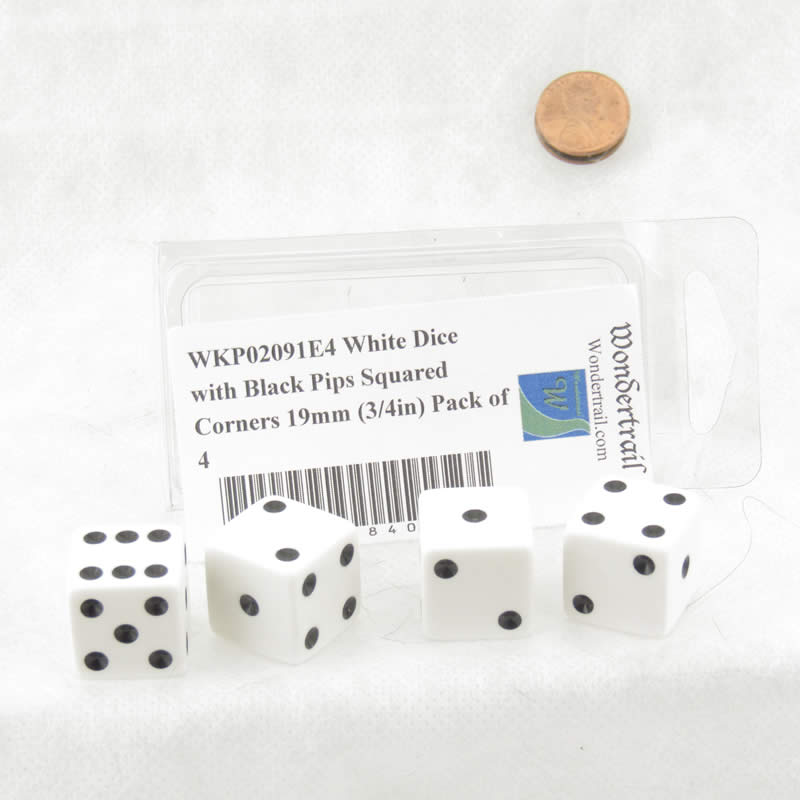 WKP02091E4 White Dice with Black Pips Squared Corners 19mm (3/4in) Pack of 4