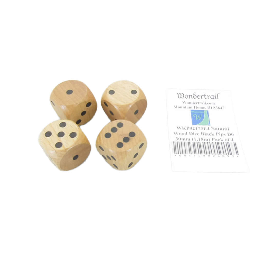 WKP02173E4 Natural Wood Dice with Black Pips D6 30mm (1.18in) Pack of 4 Dice