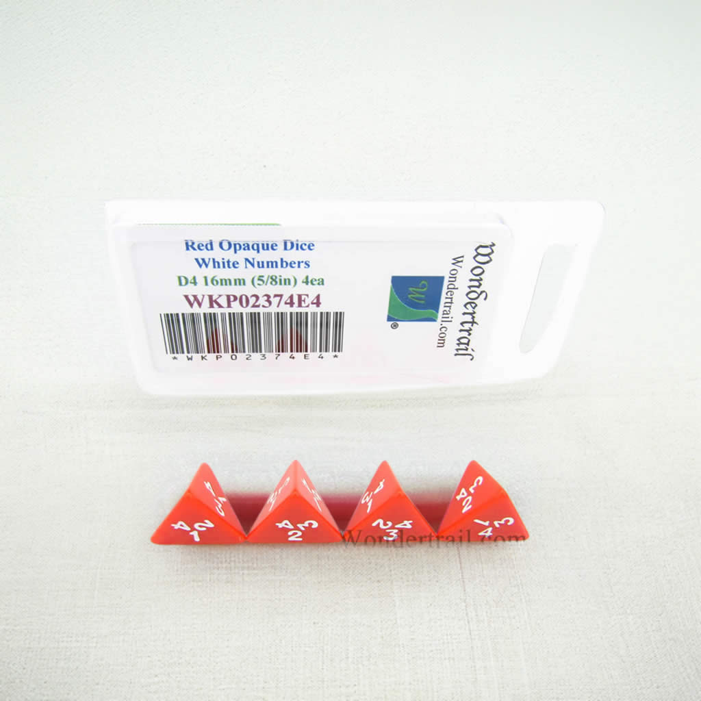 WKP02374E4 Red Opaque Dice White Numbers D4 16mm (5/8in) Pack of 4