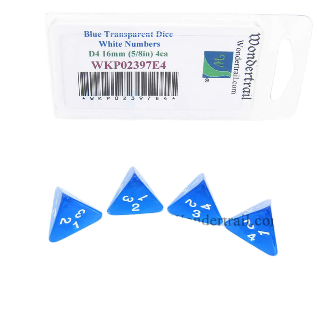 WKP02397E4 Blue Transparent Dice White Numbers D4 16mm Pack of 4