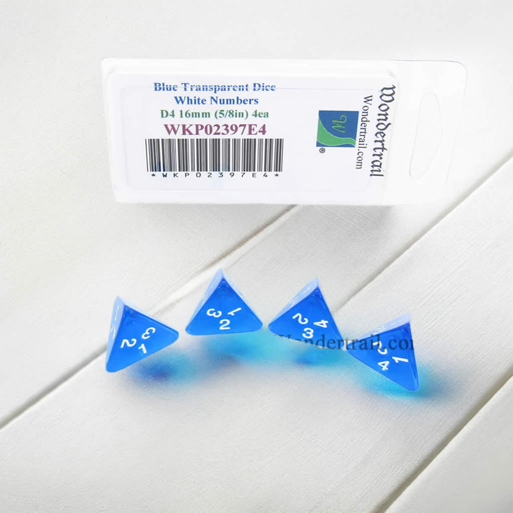 WKP02397E4 Blue Transparent Dice White Numbers D4 16mm Pack of 4