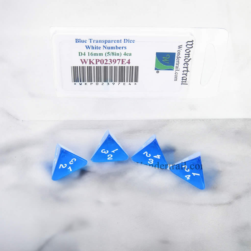 WKP02397E4 Blue Transparent Dice White Numbers D4 16mm Pack of 4