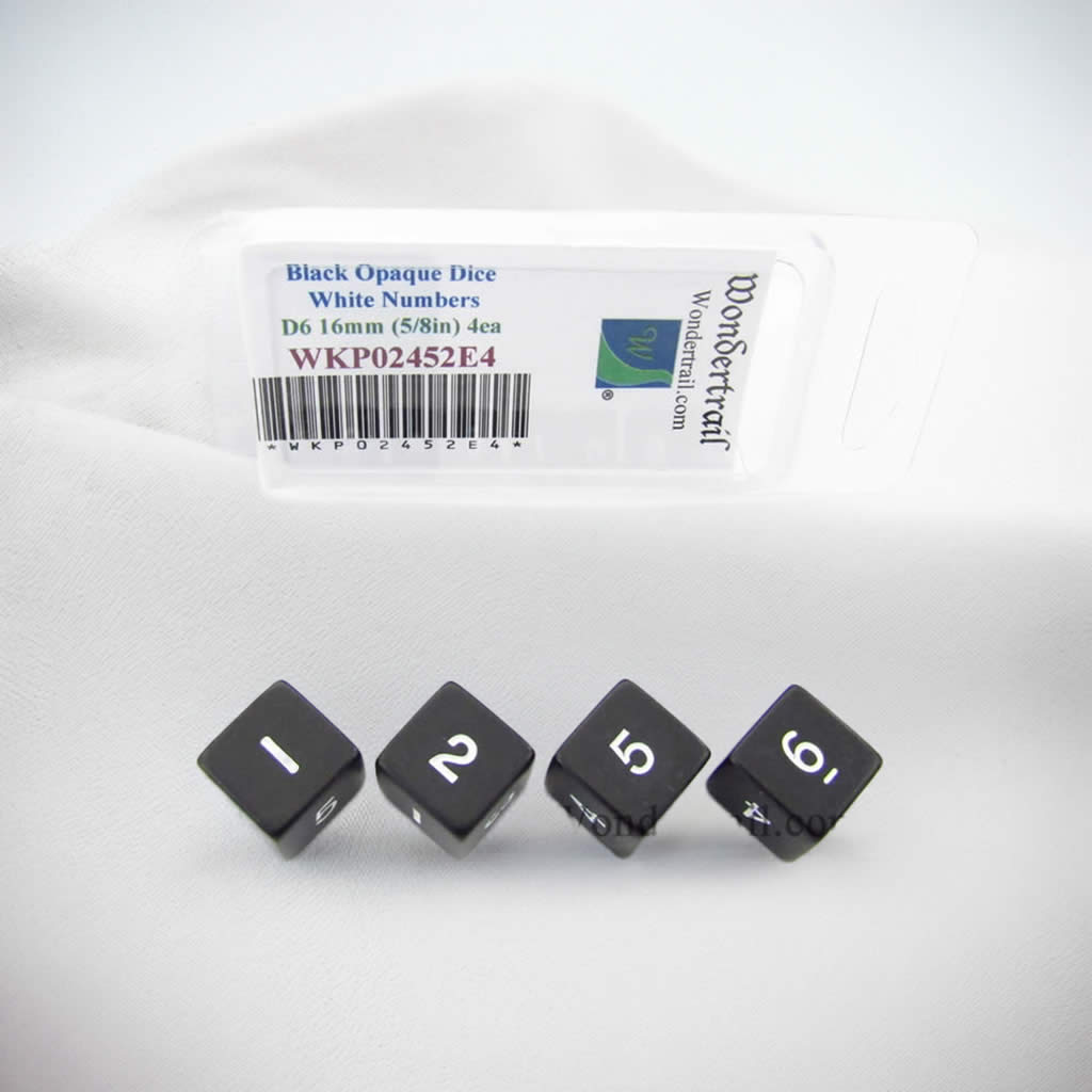 WKP02452E4 Black Opaque Dice White Numbers D6 16mm (5/8in) Pack of 4