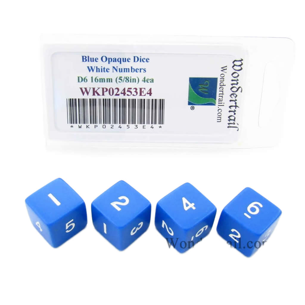 WKP02453E4 Blue Opaque Dice White Numbers D6 16mm (5/8in) Pack of 4