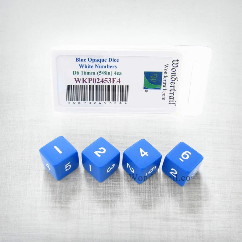 WKP02453E4 Blue Opaque Dice White Numbers D6 16mm (5/8in) Pack of 4