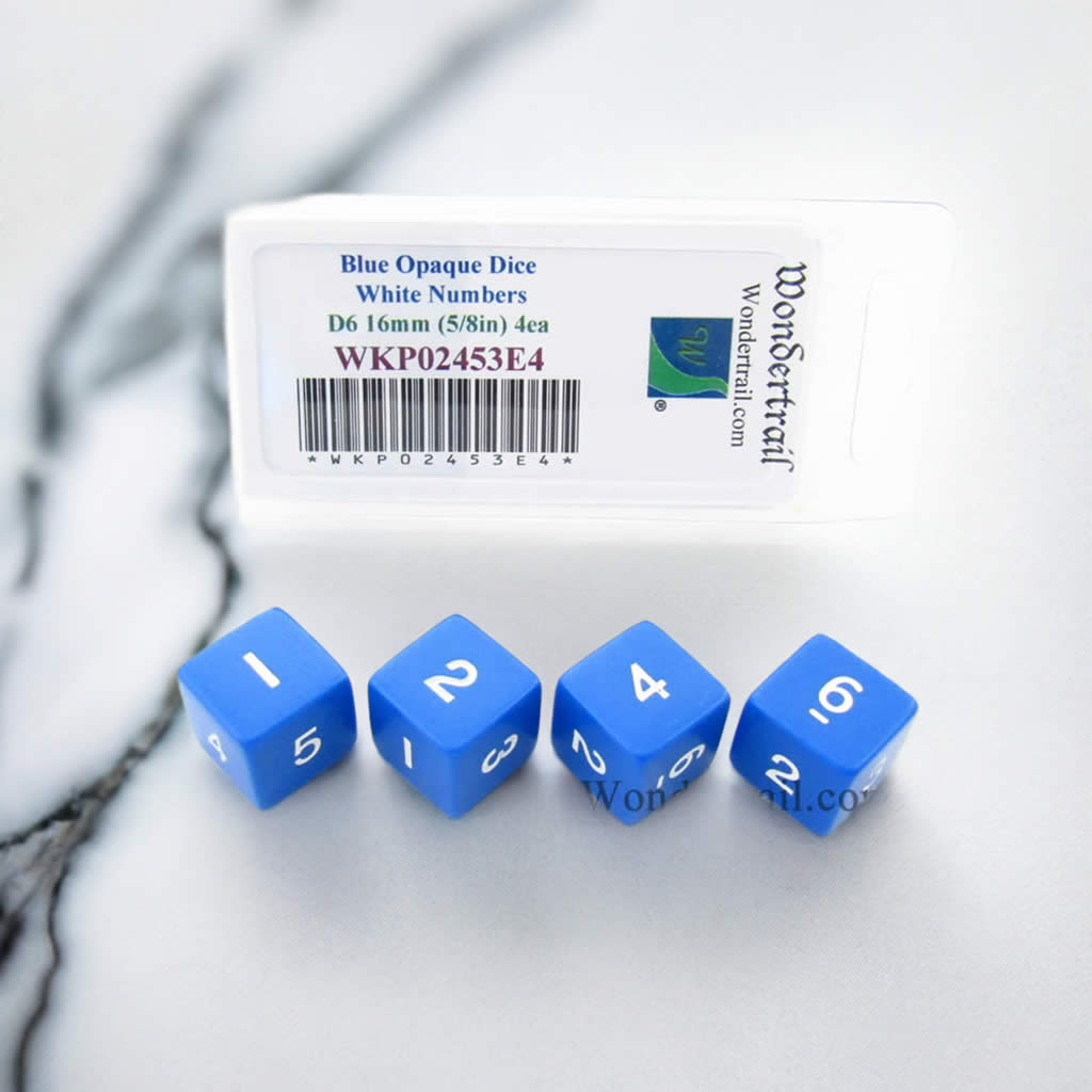 WKP02453E4 Blue Opaque Dice White Numbers D6 16mm (5/8in) Pack of 4