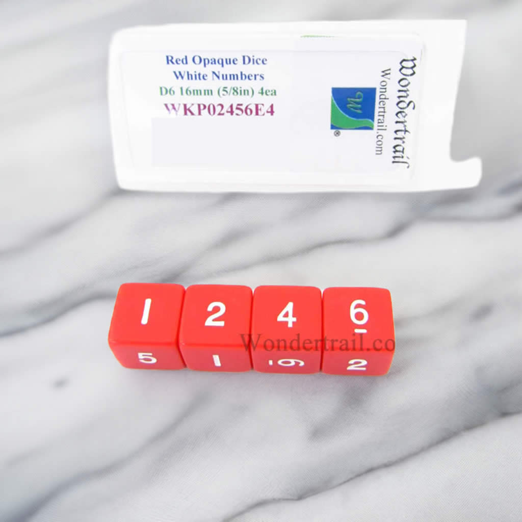 WKP02456E4 Red Opaque Dice White Numbers D6 16mm (5/8in) Pack of 4