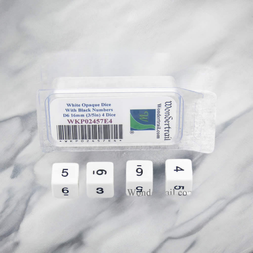 WKP02457E4 White Opaque Dice with Black Numbers D6 16mm (5/8in) Pack of 4 Dice