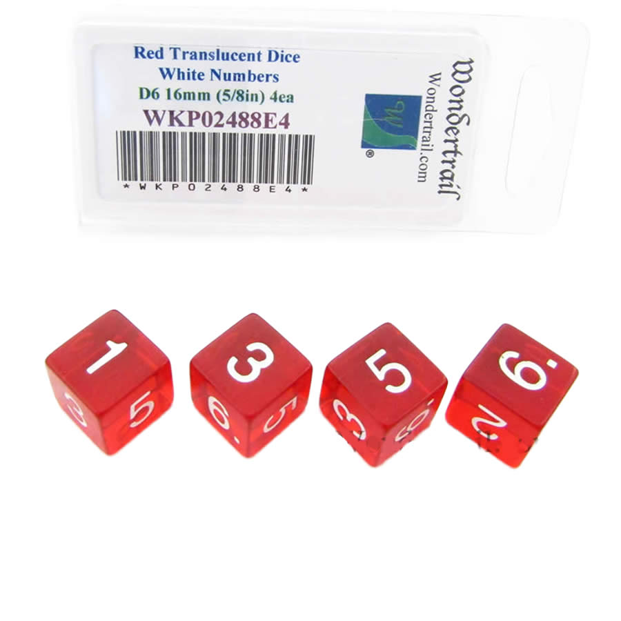 WKP02488E4 Red Transparent Dice White Numbers D6 16mm Pack of 4