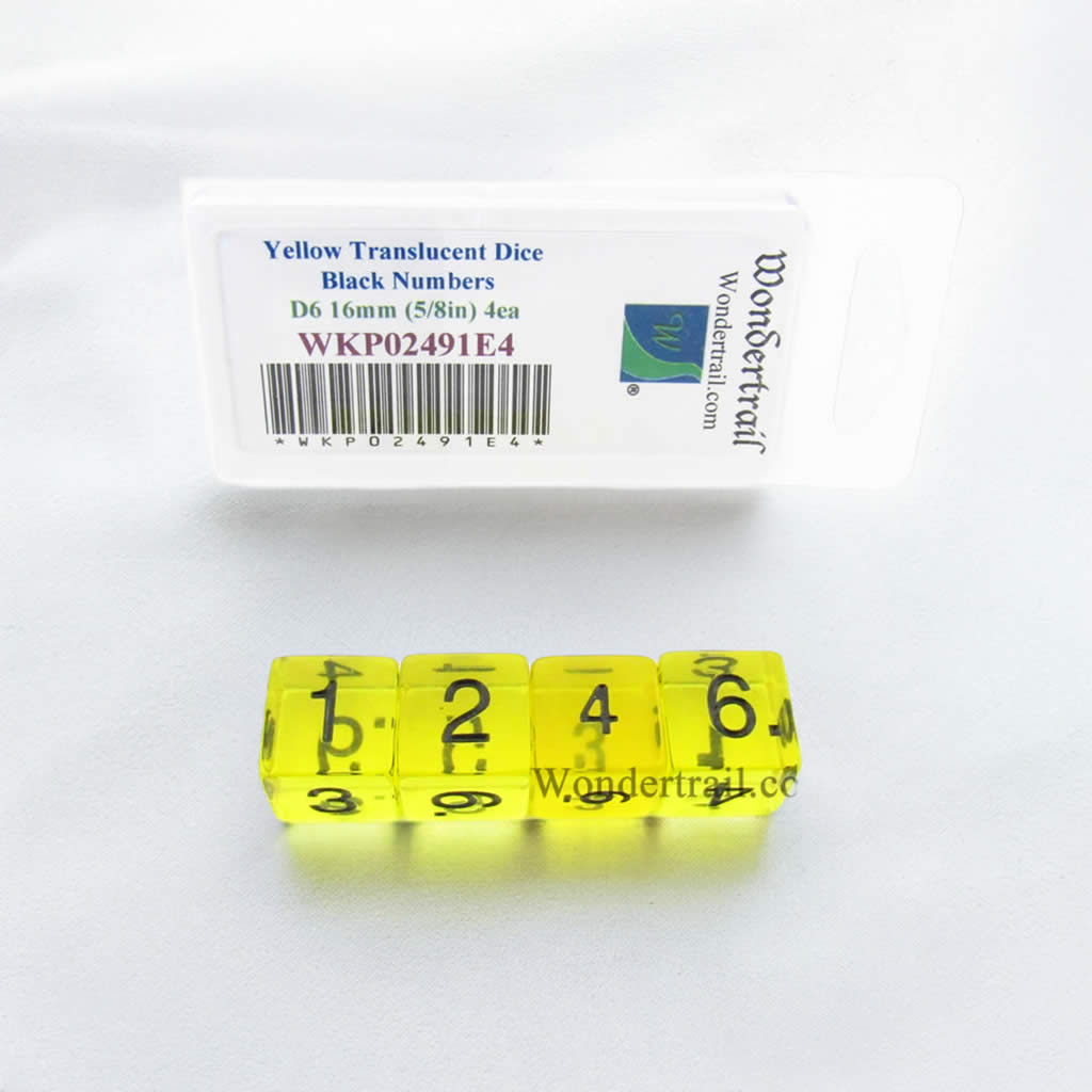 WKP02491E4 Yellow Transparent Dice Black Numbers D6 16mm Pack of 4