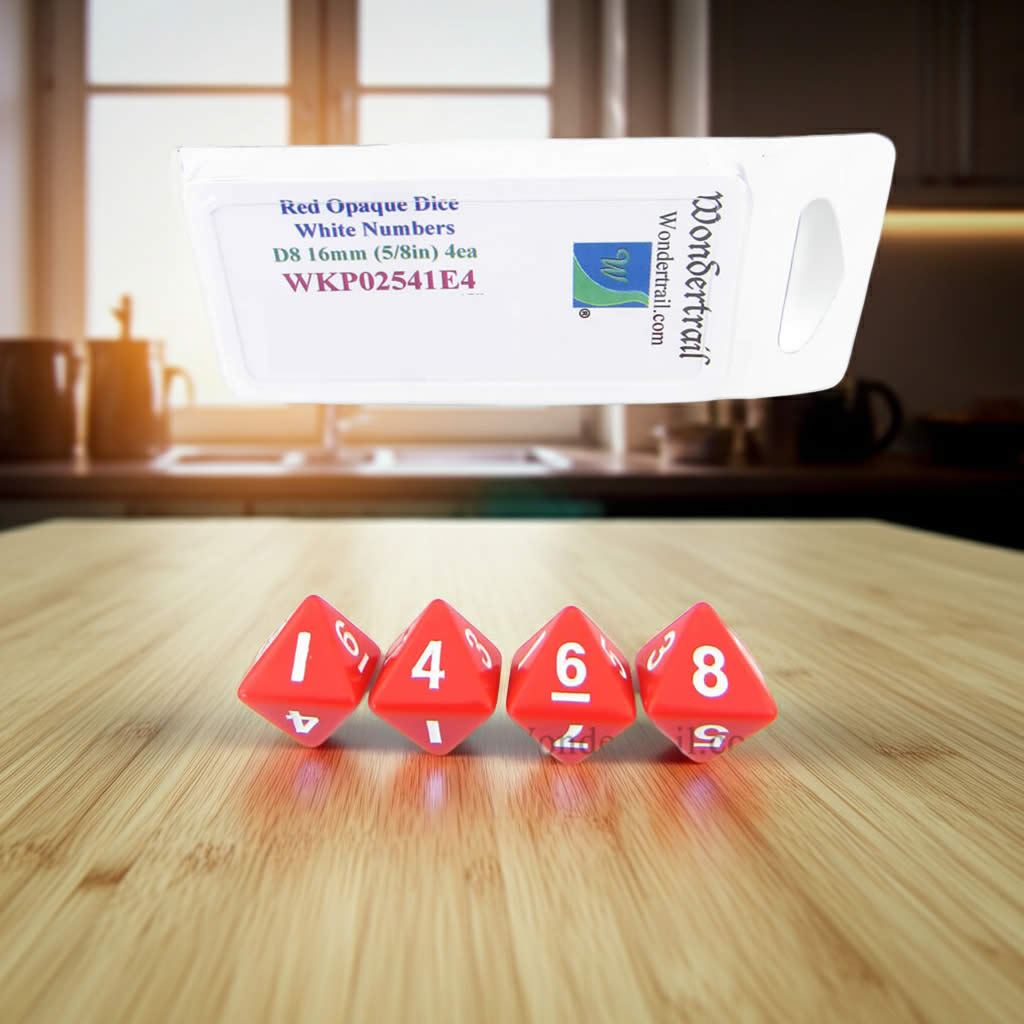 WKP02541E4 Red Opaque Dice with White Numbers D8 16mm (5/8in) Pack of 4 Dice
