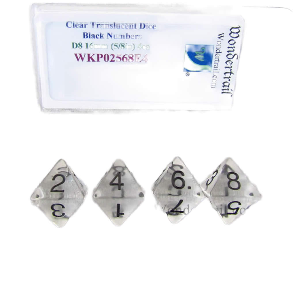 WKP02568E4 Clear Transparent Dice Black Numbers D8 16mm Pack of 4