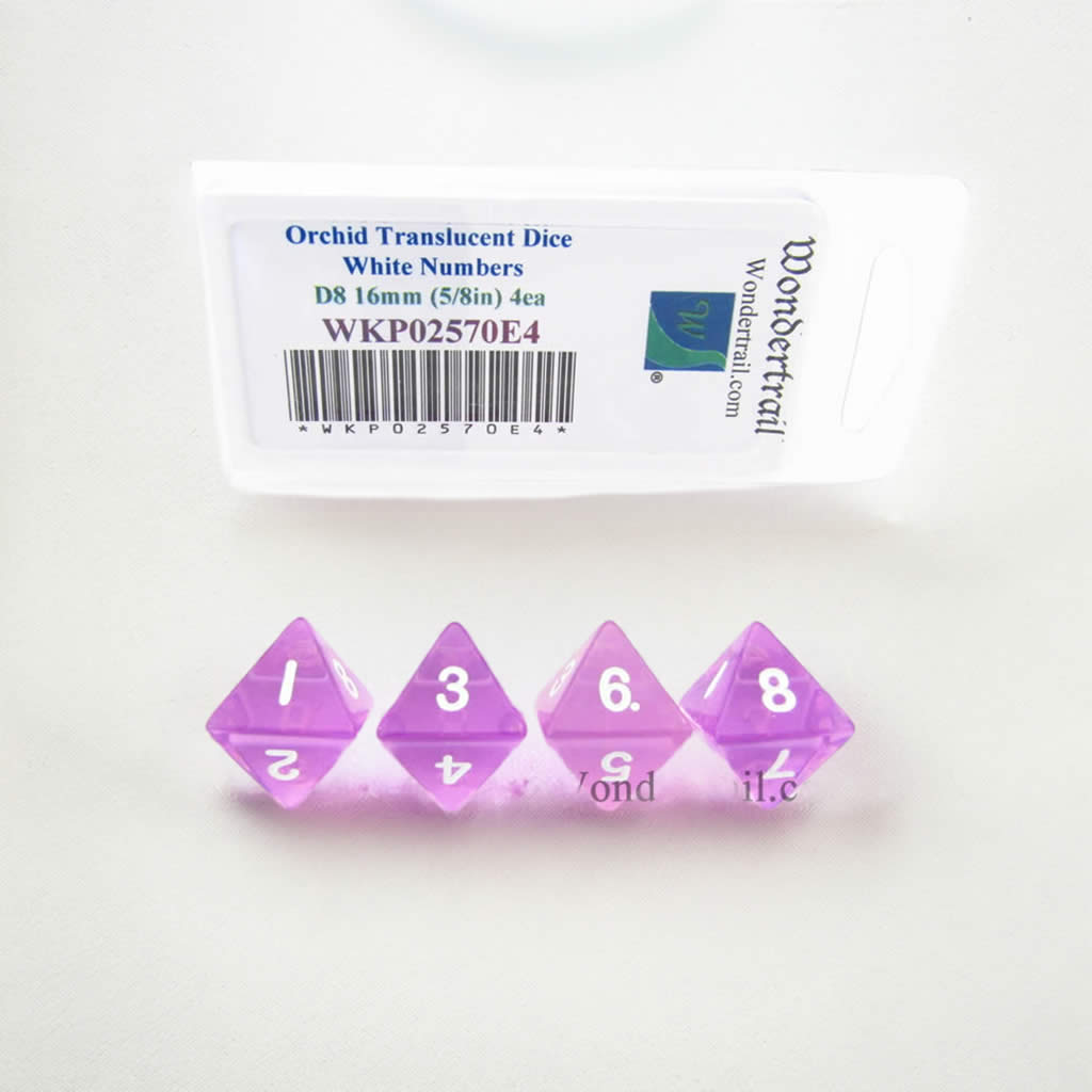 WKP02570E4 Orchid Transparent Dice White Numbers D8 16mm Pack of 4