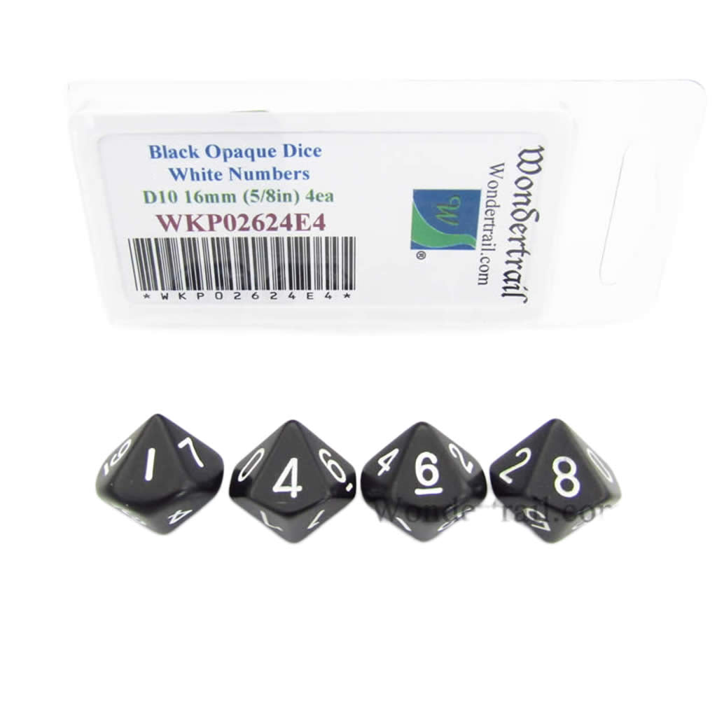 WKP02624E4 Black Opaque Dice White Numbers D10 16mm Pack of 4