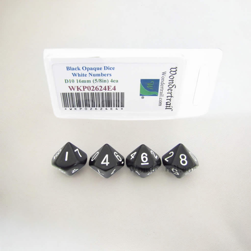 WKP02624E4 Black Opaque Dice White Numbers D10 16mm Pack of 4