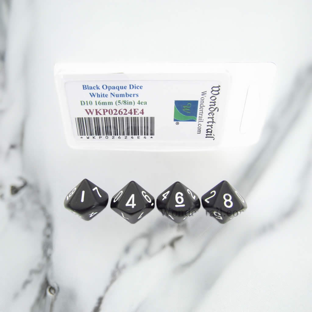 WKP02624E4 Black Opaque Dice White Numbers D10 16mm Pack of 4
