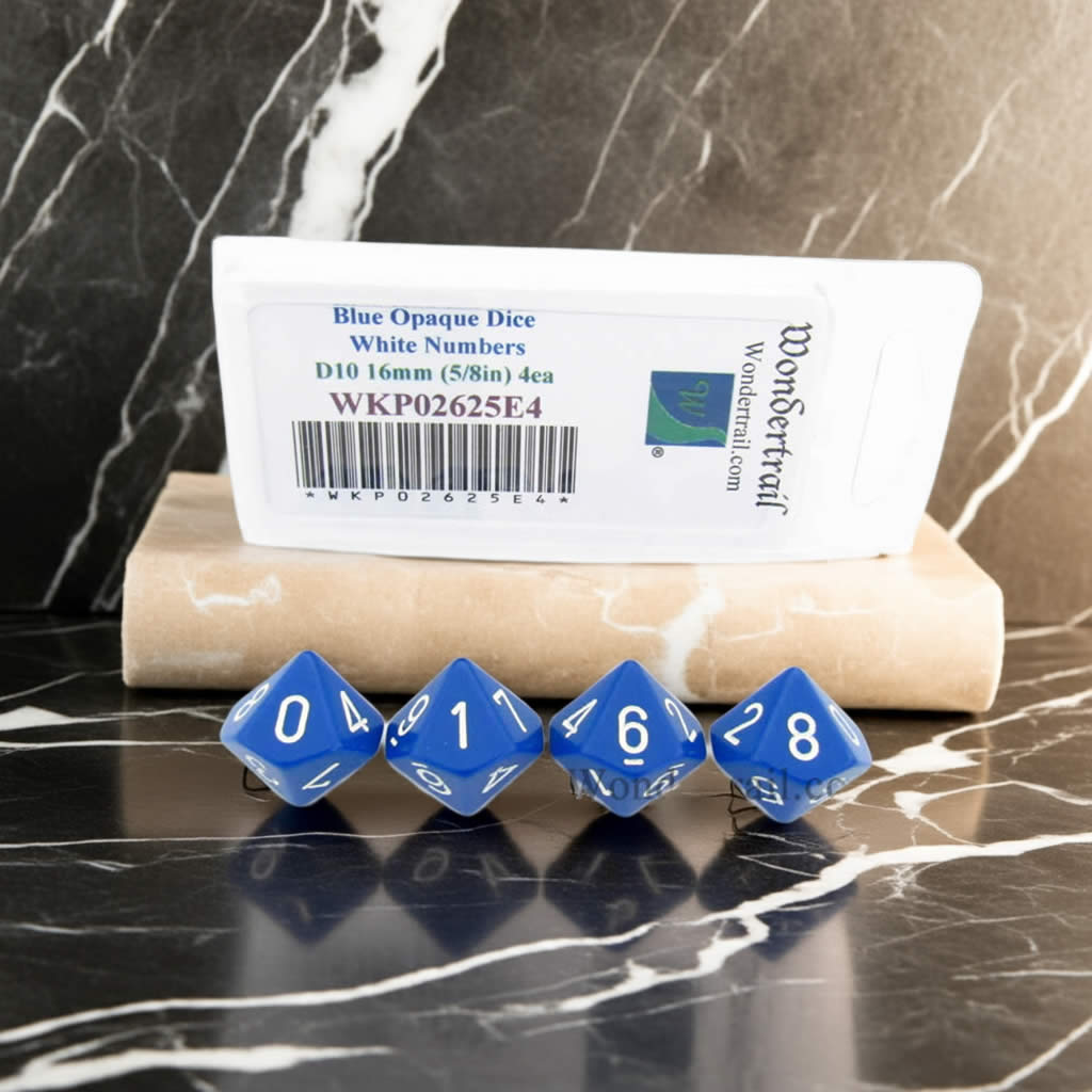 WKP02625E4 Blue Opaque Dice with White Numbers D10 16mm (5/8in) Pack of 4 Dice