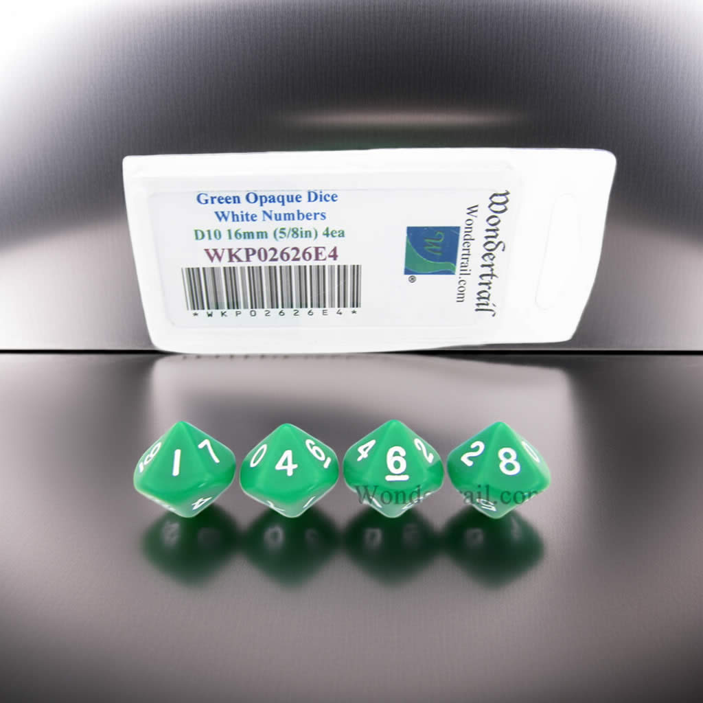 WKP02626E4 Green Opaque Dice with White Numbers D10 16mm (5/8in) Pack of 4 Dice
